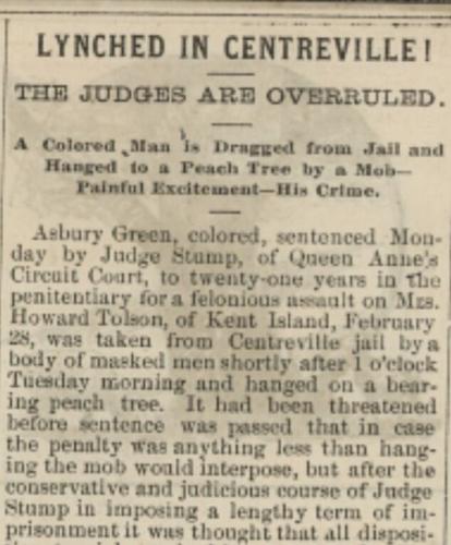 Shameful Past: Lynchings on Delmarva- Asbury Green Lynched in Centreville in 1891