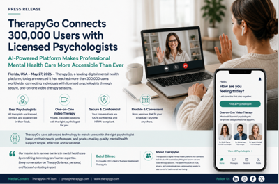 TherapyGo Announces Milestone as AI-Powered Mental Health Platform Expands Access to Licensed Psychologists