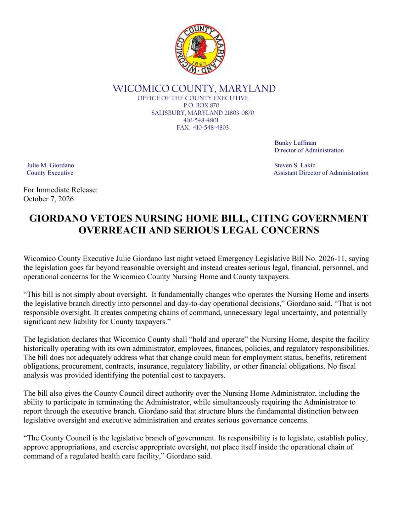 Wicomico County Executive Press Release