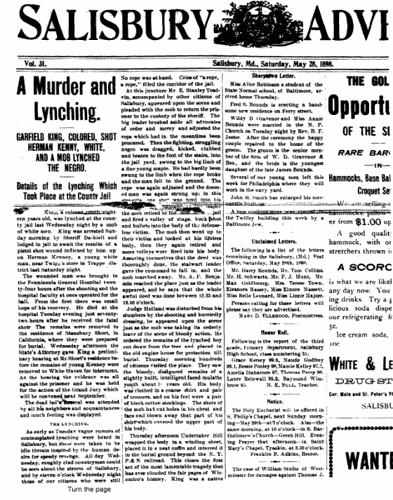 Shameful Past: Lynchings on Delmarva- Garfield King Lynched in Salisbury in 1898