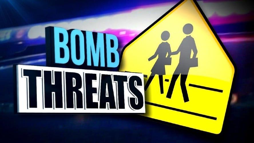 Colorful text reads "BOMB THREATS" over a school zone sign and police lights