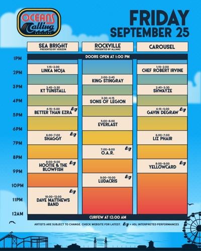 The Friday schedule for 2026 Oceans Calling music festival in Ocean City, Md.
