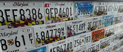 Collage of Maryland license plates hung on a wall