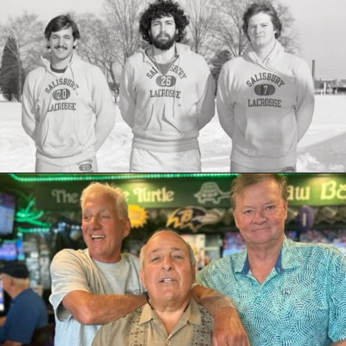Steve Pappas with friends at Salisbury University and years later in the Green Turtle. 