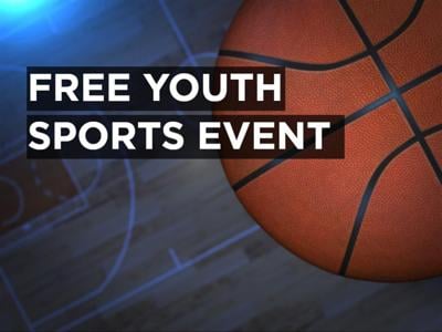 A basketball court floor and a basketball. The text reads "Free Youth Sports Event."