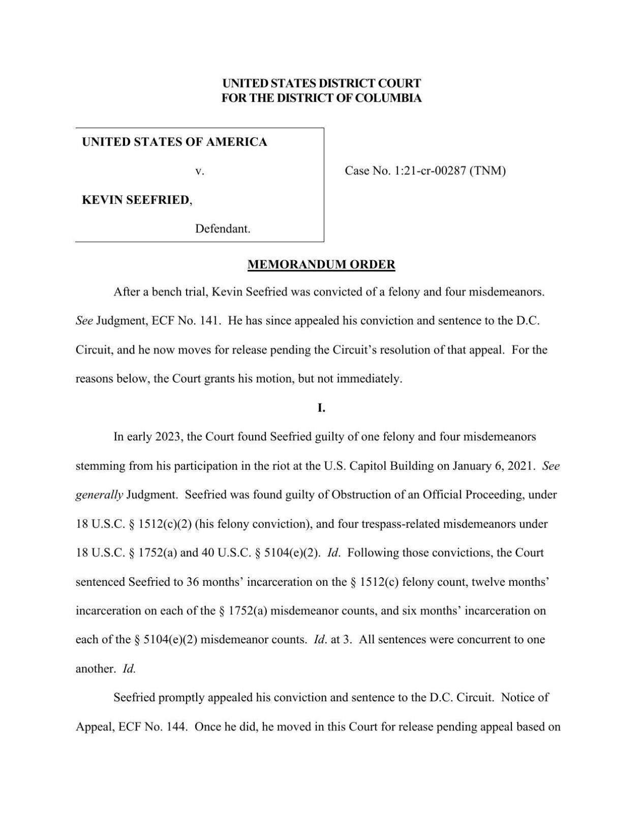 Seefried Early Release Order