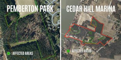 Satellite images of Pemberton Park and Cedar Hill Marina showing the affected areas.