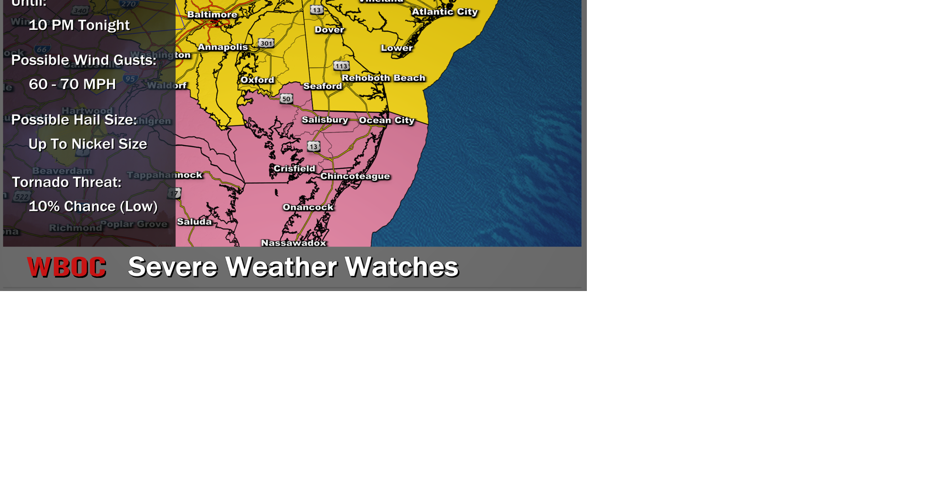 Tornado Watch for Delaware and Northern Mid-shore, Severe Thunderstorm Watch for Southern Delmarva