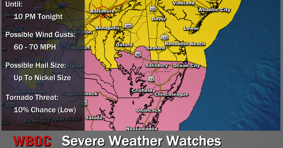 Tornado Watch for Delaware and Northern Mid-shore, Severe Thunderstorm Watch for Southern Delmarva