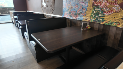an empty dining booth at a restaurant