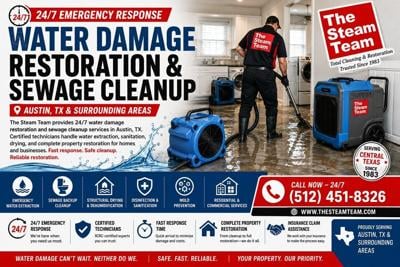 Steam Team Offers 24/7 Emergency Water Damage Restoration in Austin TX
