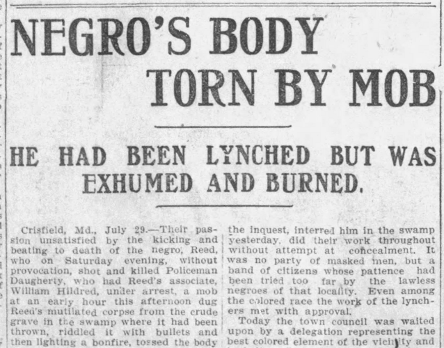Shameful Past: Lynchings on Delmarva- James Reed Lynched in Crisfield in 1907