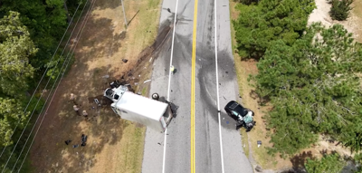 An overturned box truck and severely damaged car following a collision on Rt. 12 on Sept. 2.