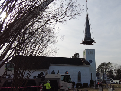 Steeple being removed from St. Mary's