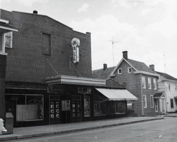 Old, black and white picture of the historic Ball Theatre in Millsboro, DE.