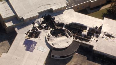 A bird's eye view of the Lulu M. Ross Elementary School. The roof sustaining damage from the fire with infrastructures falling apart inside. 