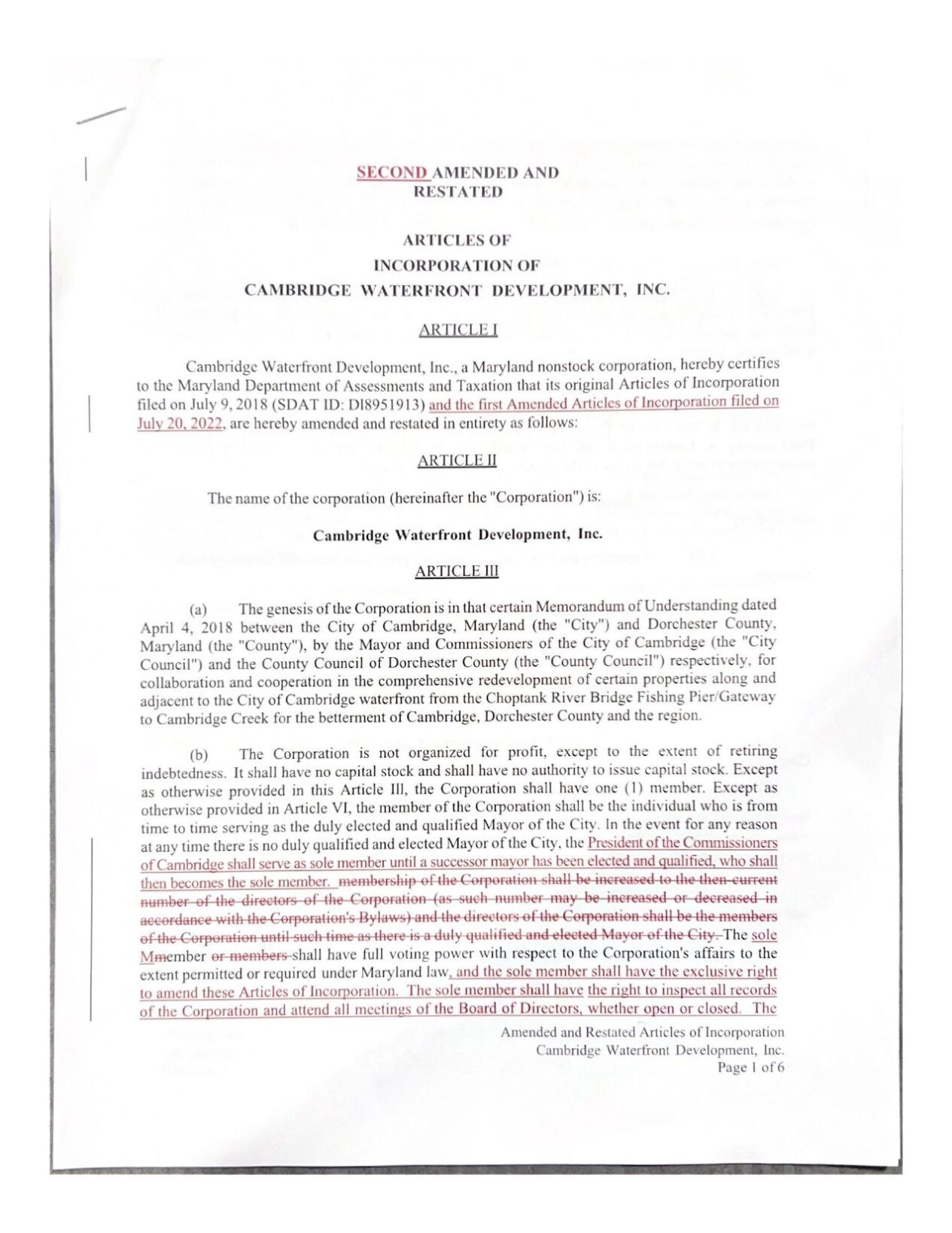 Red-Lined Articles of Incorporation of Cambridge Waterfront Development Inc.