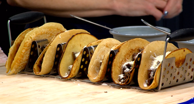 tacos made from crapes filled with chopped scrapple