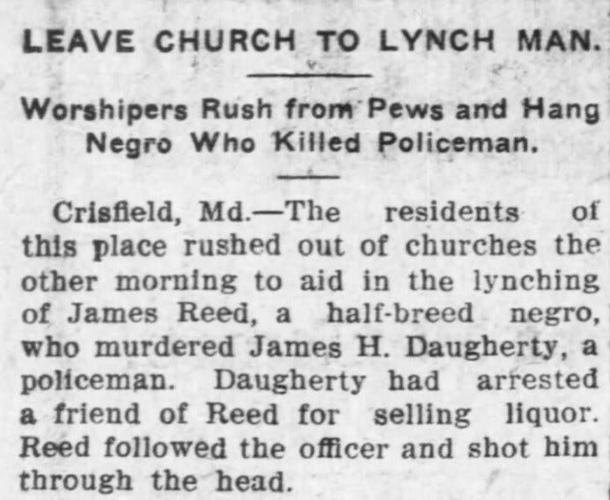 Shameful Past: Lynchings on Delmarva- James Reed Lynched in Crisfield in 1907