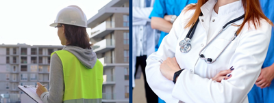 A female construction worker with a hardhat and a female doctor with a stethoscope.