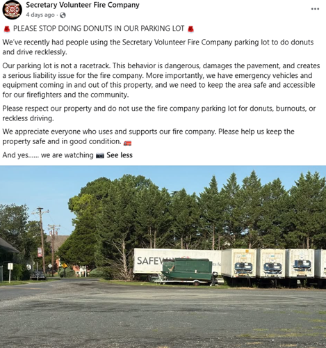 A screenshot of a Facebook post from the Secretary Volunteer Fire Company asking people to stop 'doing donuts' and driving recklessly in their parking lot.