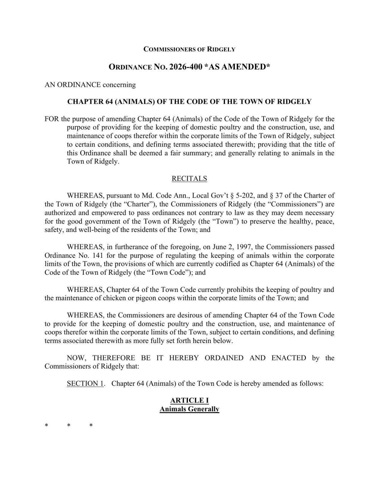 Ridgely Poultry Ordinance