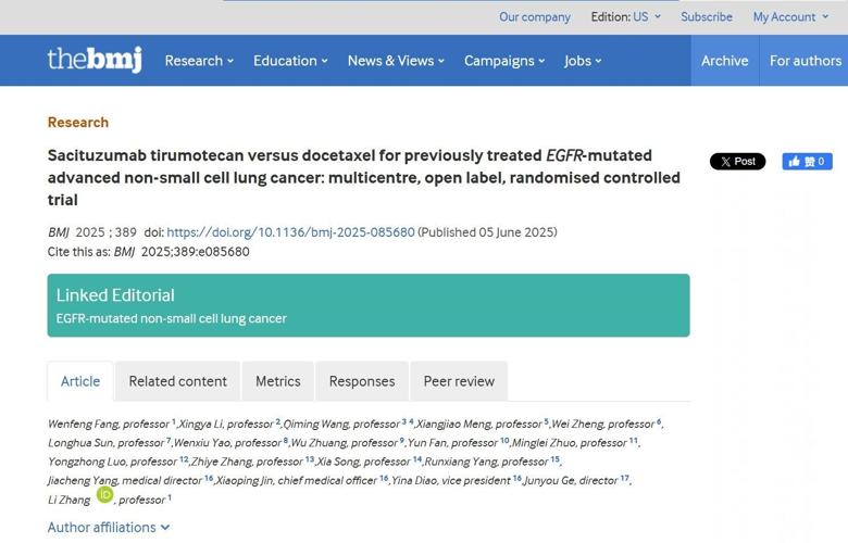 The British Medical Journal Publishes Study Results on Sacituzumab Tirumotecan for Previously Treated EGFR-Mutant Advanced NSCLC