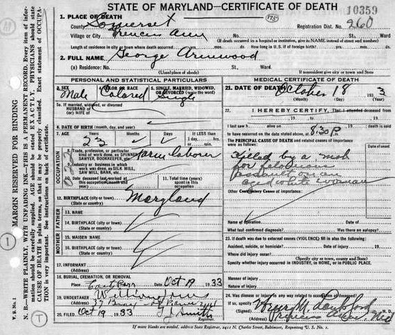 Shameful Past: Lynchings on Delmarva- George Armwood Lynched in Princess Anne in 1933