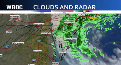 A satellite map of Delmarva showing clouds and radar.