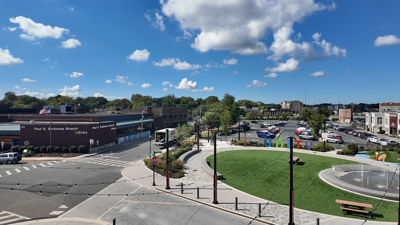 An aerial view of the Paul S. Sarbanes Library and Unity Park in downtown Salisbury