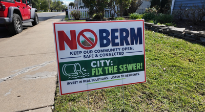 A sign that reads "No Berm" in Cambridge, referring to a plan by the city to build a sea wall along the vulnerable shoreline in Cambridge, Maryland.