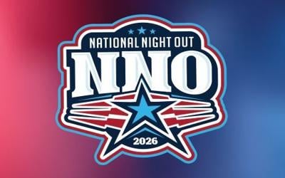 "National Night Out - NNO - 2026" logo with blue star on police lights background