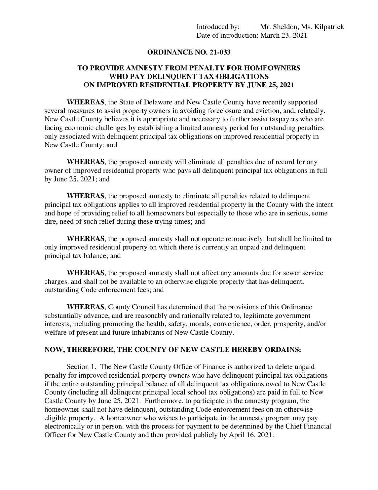 New bill provides amnesty for residents behind on New Castle County