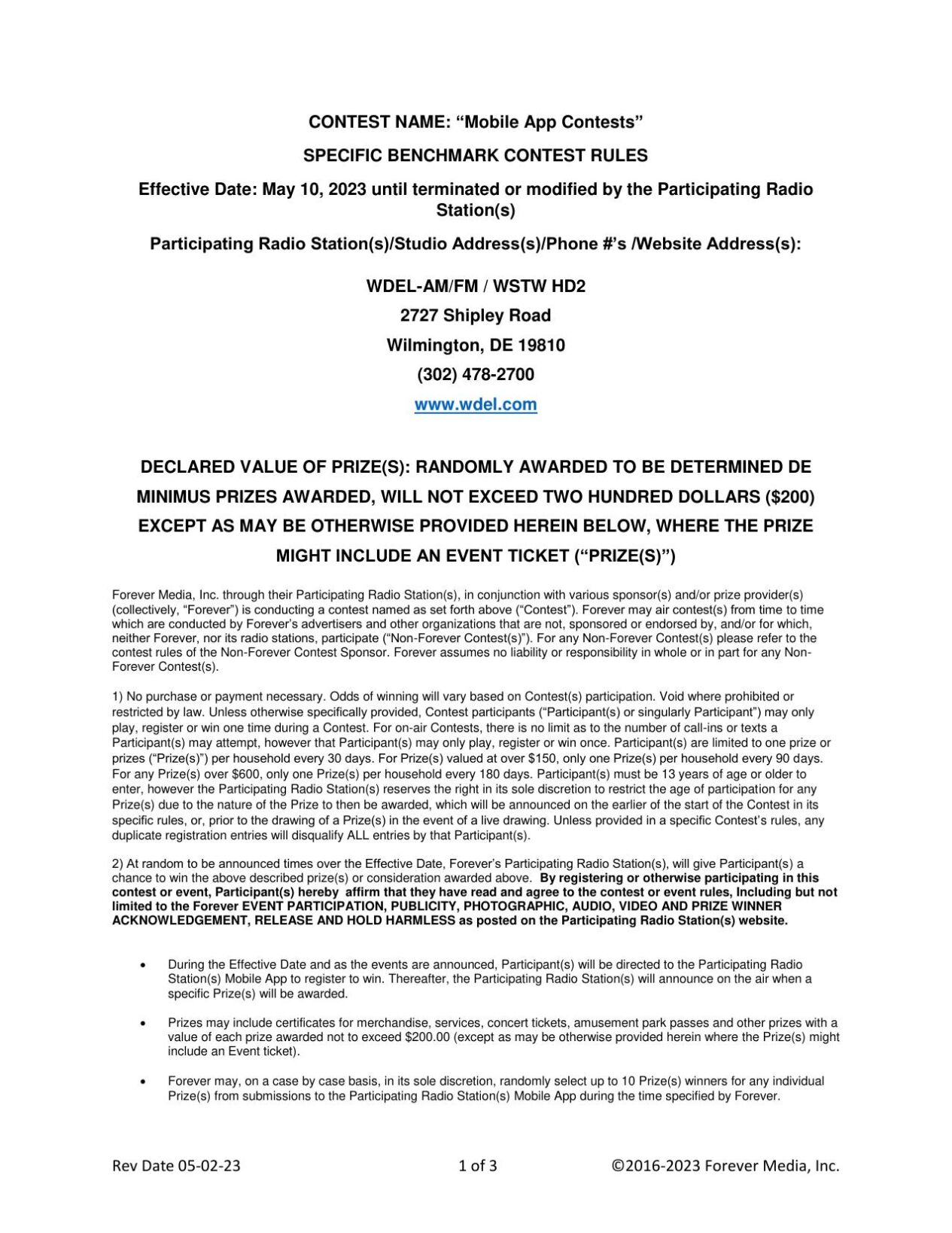 Forever Contest Rules Benchmark Contest Rules Wilmington WDEL Mobile ...