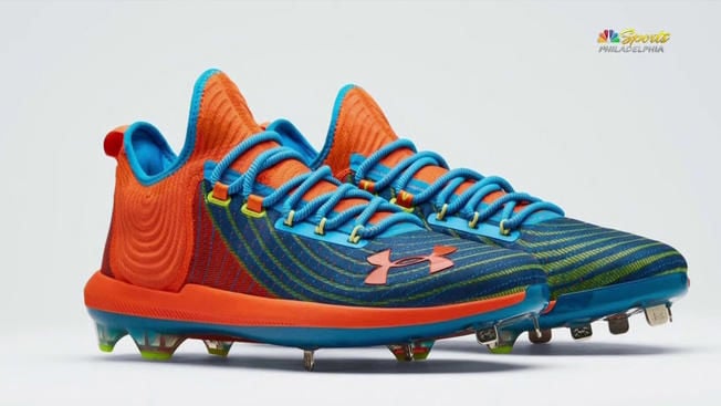 The Under Armour shoes worn by Bryce Harper of the Philadelphia