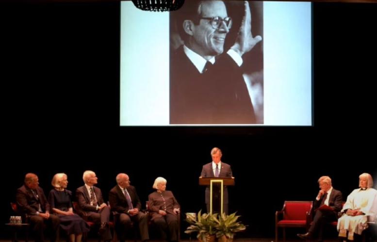 Governor John Carney delivers remarks during Pete du Pont's memorial service