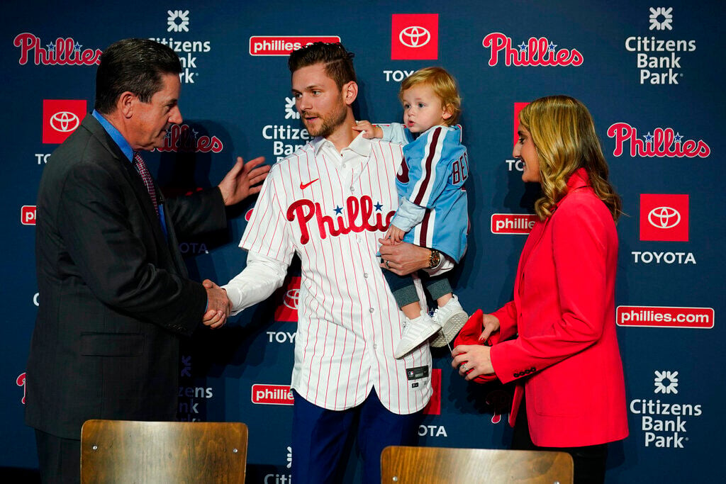 Trea Turner rockin' his new Phillies jersey with his son, Sam Fuld and Dave  Dombrowski : r/baseball