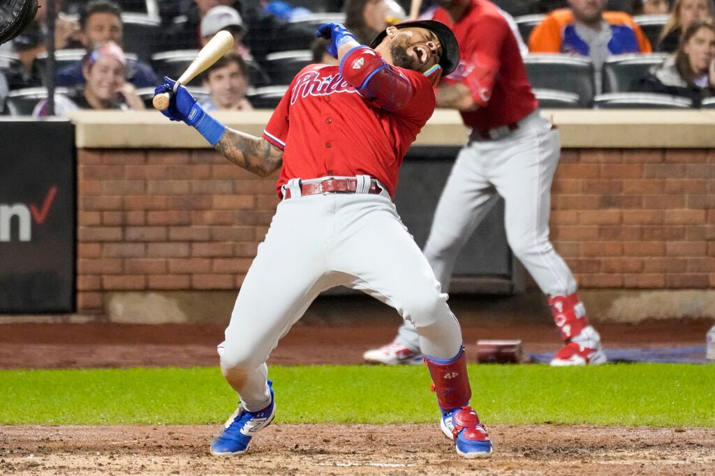 Philadelphia Phillies' Edmundo Sosa reacts during a baseball game