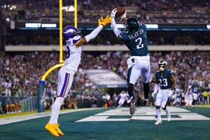 Slay’s INTs, Hurts’ arm and legs send Eagles to Monday Night victory over Vikings