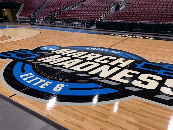 NCAA men's tournament court installed in KFC Yum! Center for South Regional  games