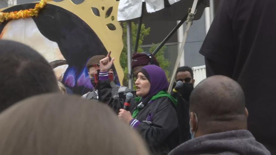 Until Freedom co-founder Linda Sarsour speaks during a rally marking the one-year anniversary of Breonna Taylor's death