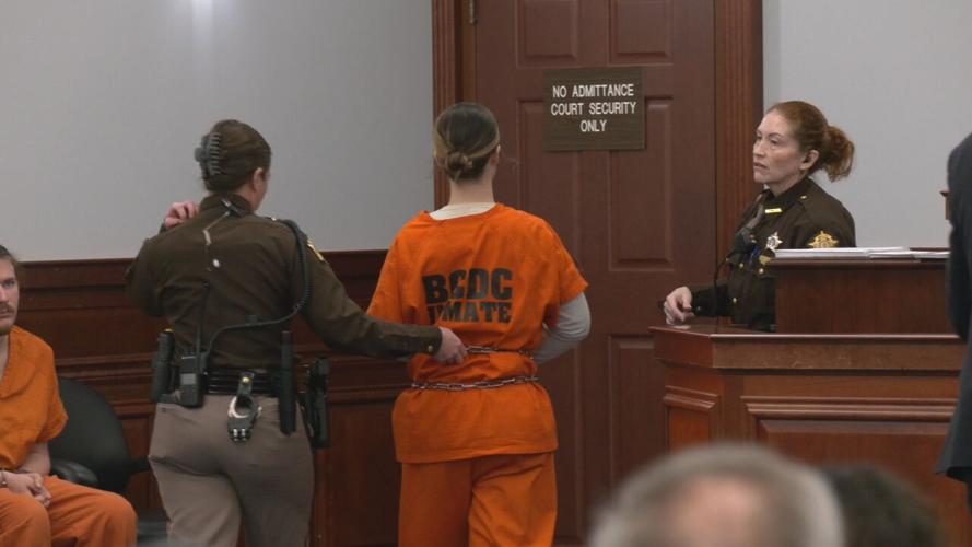 Tiffanie Lucas exits a Bullitt County courtroom on Jan. 8, 2024 for a status hearing. (WDRB photo)