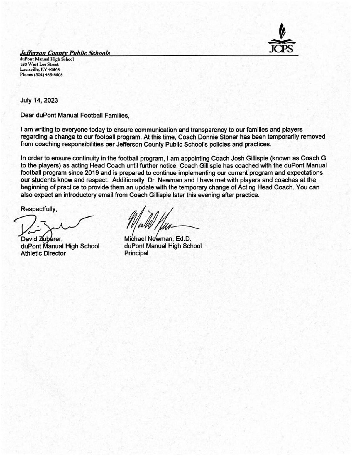 Dupont manual football head coach temporarily removed from position