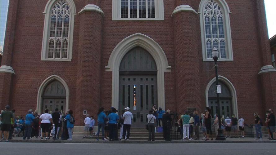 Crowd gathered outside Cathedral of the Assumption before peace walk 8-15-20
