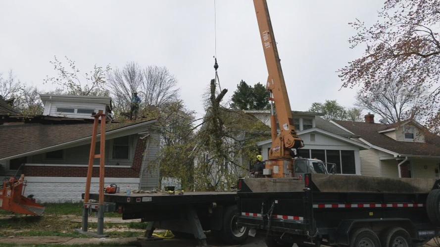 Crews work to remove tree that split a house in half during Wednesday's storms.