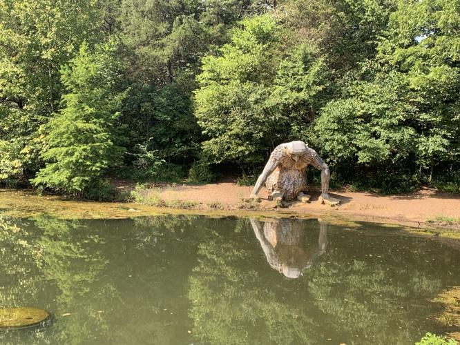 Little Nis looks at his reflection in pond at Bernheim Forest