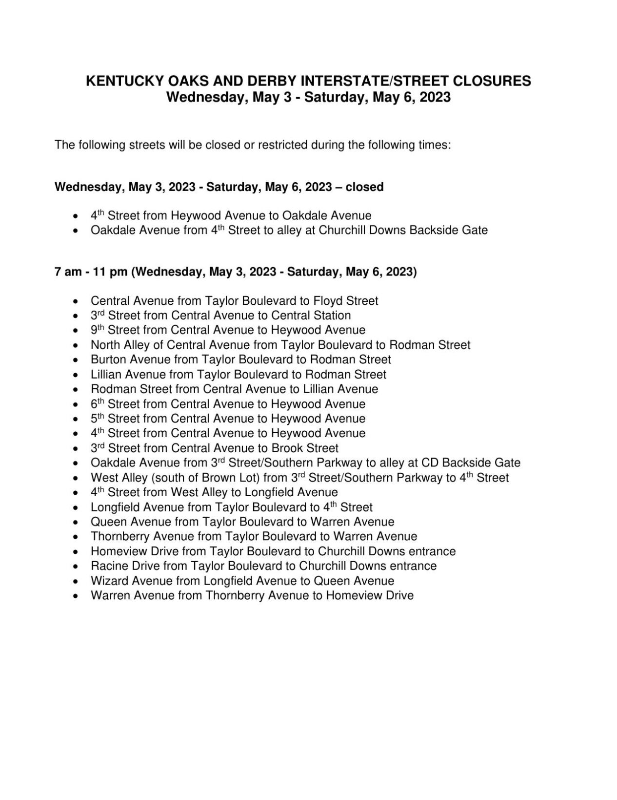 Interstate and street closures, restrictions for 2023 Kentucky Oaks and Derby