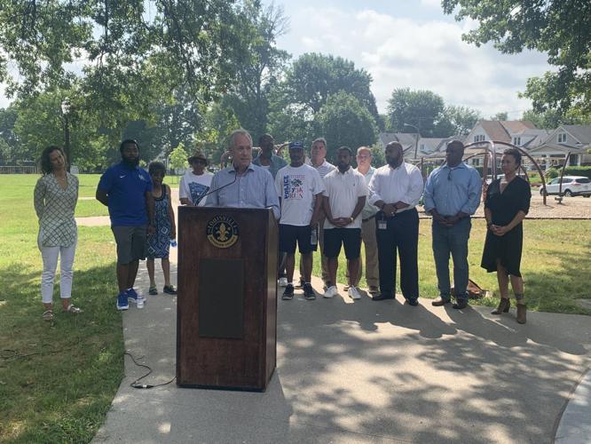 Greg Fischer speaks at Victory Park ribbon cutting