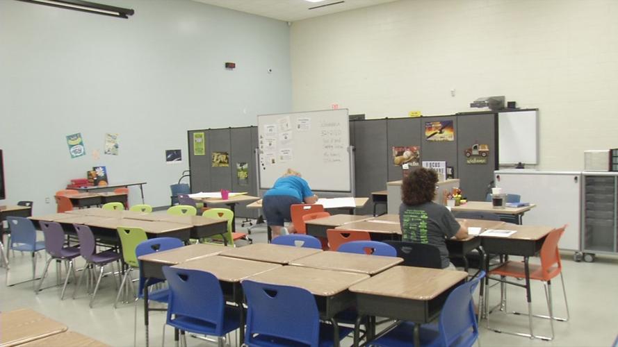 Temporary sixth grade classroom at the Blair Center in Shelby County