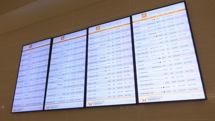 Flight schedule display at Louisville Muhammad Ali International Airport